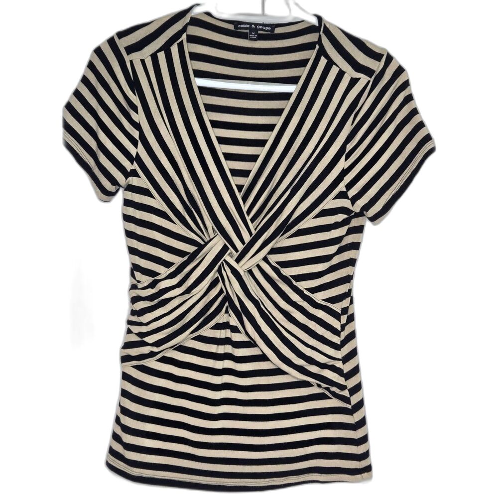 Cable & Gauge Twist Front Striped V-Neck Top | Women's Size M | Beige & Black